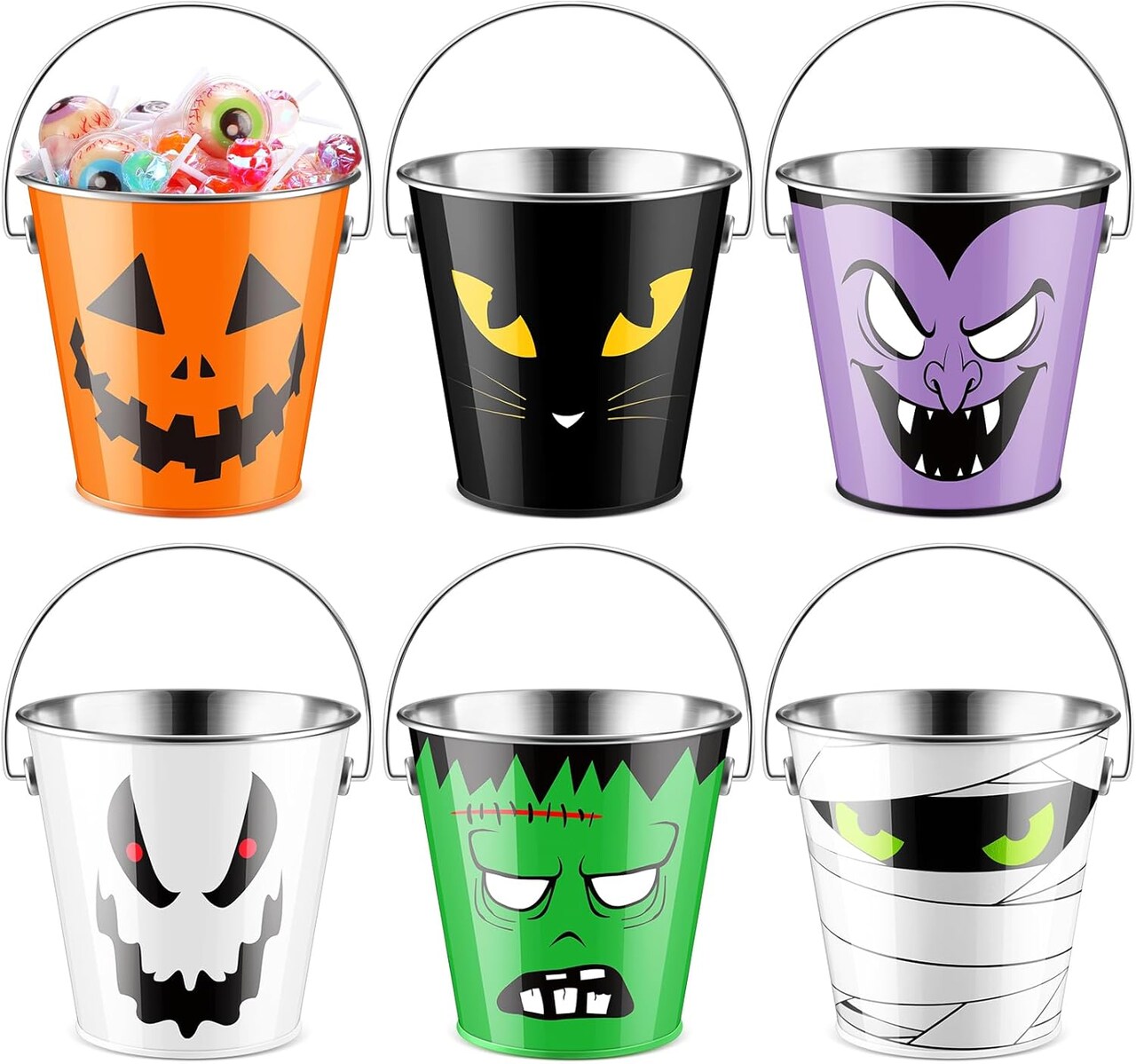 6 Pcs Halloween Pumpkin Bucket Bulk Metal (Multicolor) - 4.72"L x 3.93"W x 3.15"H
